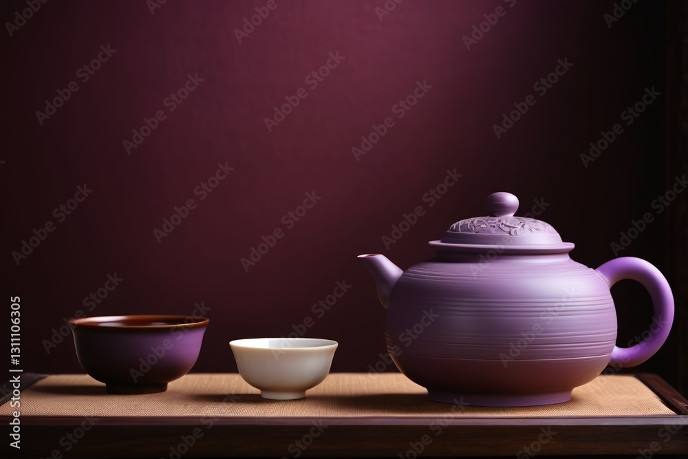 purple teapot and two bowls on a table with a purple wall purple teapot and two bowls on a table with a purple wall