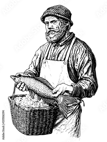 Engraved illustration of a fisherman holding a caught fish with a woven basket, showcasing traditional craftsmanship and natural elements