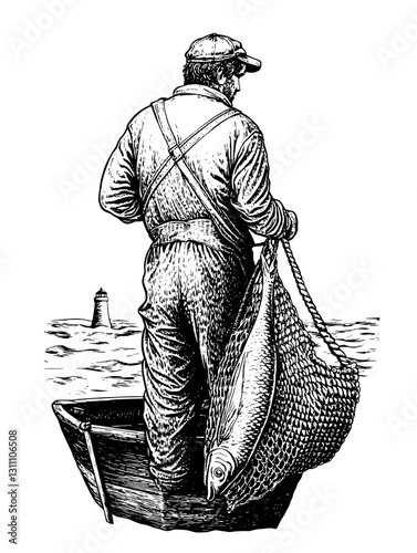 Engraved illustration of a fisherman holding a large catch while navigating the sea near a lighthouse at twilight
