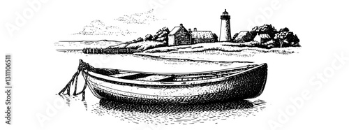 Engraved illustration of a tranquil waterfront scene with a boat and lighthouse under a serene sky