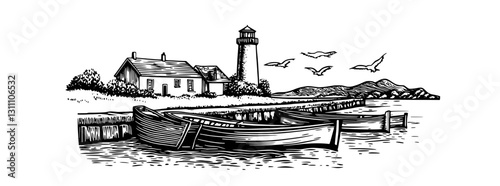 Engraved coastal landscape with a lighthouse, fishing boats, and seagulls soaring above a serene waterfront
