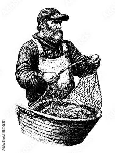 Capturing the Essence of Maritime Life with an Engraved Illustration of a Fisherman at Work Producing a Bountiful Catch