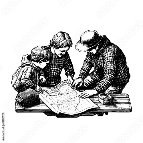 Family adventure planning session depicted through engraved illustration showcasing a map, engaging discussion, and joyful anticipation