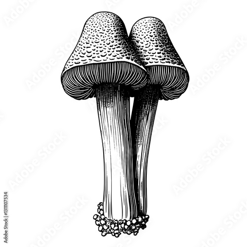 Detailed engraved illustration of two mushrooms showcasing intricate textures and designs perfect for tattoo enthusiasts and packaging ideas