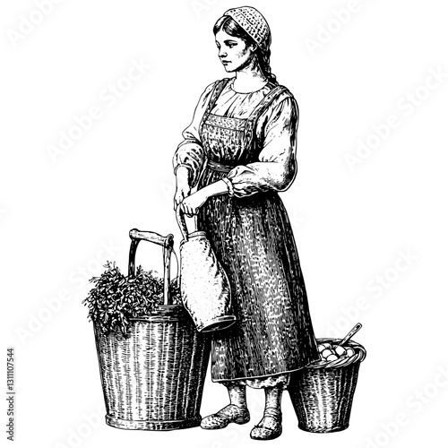 Engraved illustration of a woman in traditional attire collecting herbs in a rustic setting