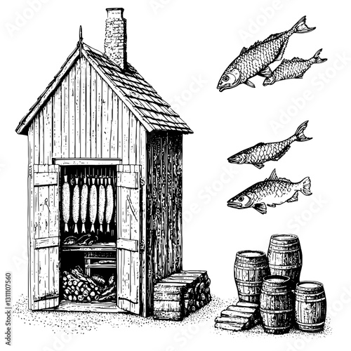 Engraved illustration of a rustic smokehouse surrounded by freshly caught fish and wooden barrels