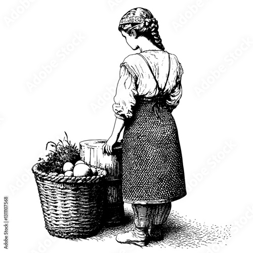 Young girl tending to her basket of fresh produce and eggs in a rustic setting, symbolizing simplicity and connection to nature