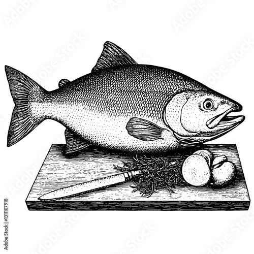 Engraved fish illustration combined with herbs and knife for artistic tattoo and packaging design inspirations