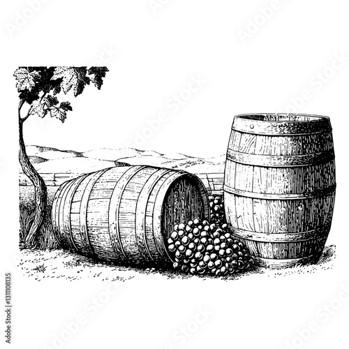 Vintage engraved design featuring barrels spilling grapes in a scenic vineyard landscape