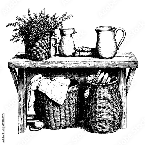 Rustic kitchen still life showcasing handwoven baskets, pottery, and fresh herbs on a wooden countertop