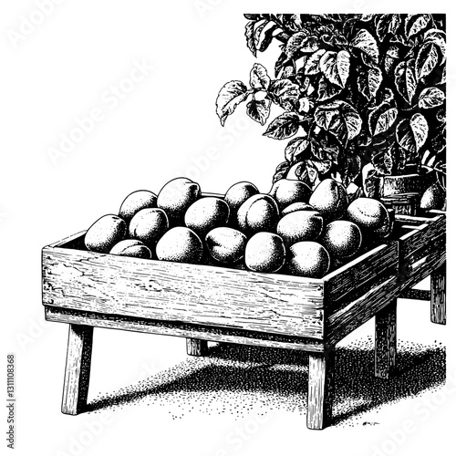 Freshly harvested citrus fruits displayed in rustic wooden crate surrounded by lush green foliage