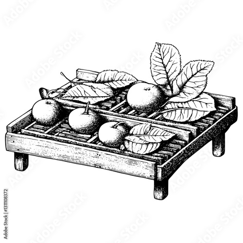 Intricate engraved illustration of apples on a wooden platform showcasing nature’s bounty in a charming rustic style