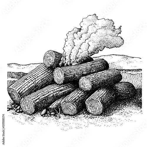 Engraved illustration of a woodpile with smoke rising, capturing the essence of rustic craftsmanship in tattoo and packaging design
