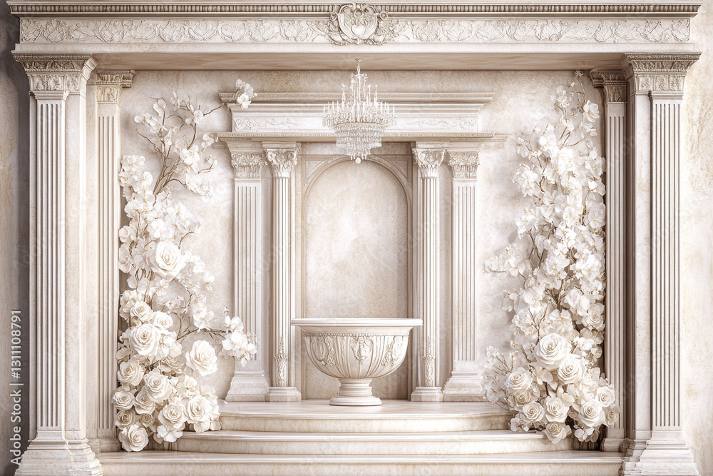 A beautifully ornate wall with columns, a central fountain, and delicate white floral decorations, exuding elegance and tranquility. A beautifully ornate wall with columns, a central fountain, and delicate white floral decorations, exuding elegance and tranquility.