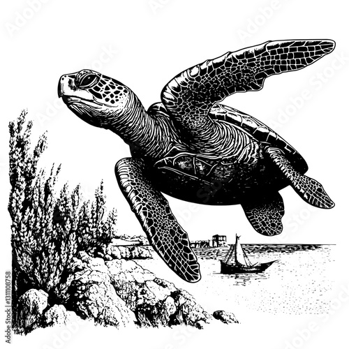 Flying sea turtle gracefully soaring above rocky shores with distant sails on the horizon, embodying the spirit of freedom and nature