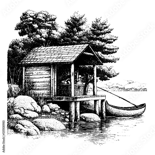 Engraved vector illustration of a rustic boathouse by the water showcasing nature's tranquility and the simplicity of lakeside life