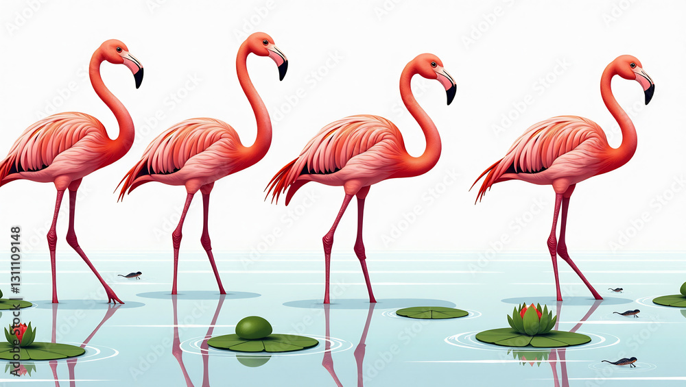 Obraz premium Swaying Flamingos in Pink Lagoon - A seamless pattern of flamingos wading and dancing in shallow waters.