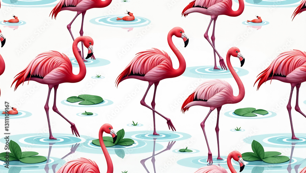 Obraz premium Swaying Flamingos in Pink Lagoon - A seamless pattern of flamingos wading and dancing in shallow waters.