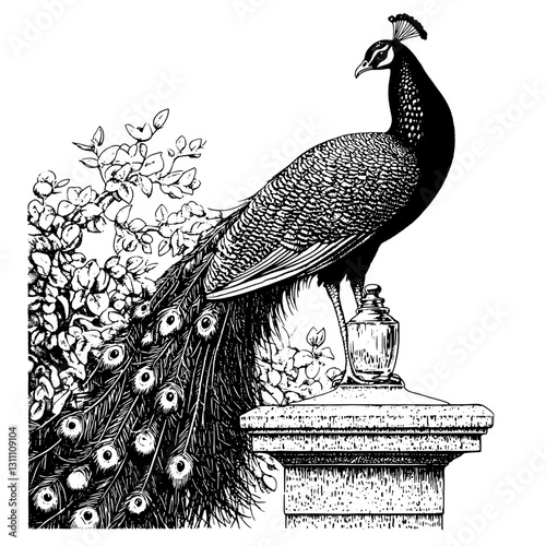 Elegant peacock perched gracefully on a stone pedestal surrounded by intricate floral designs in a vintage aesthetic