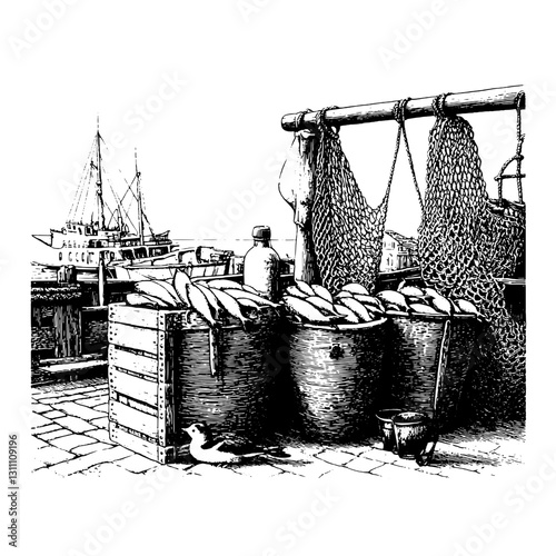 Coastal market with fresh catch in wooden baskets under a bustling harbor with fishing boats nearby