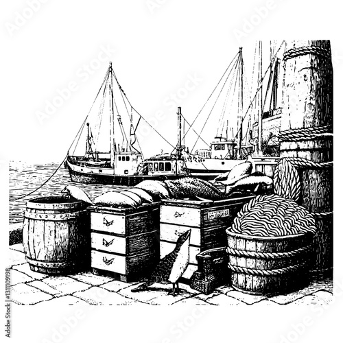 Intricate engraved design portraying a bustling harbor with boats, crates, and marine life, capturing a moment in maritime trade history