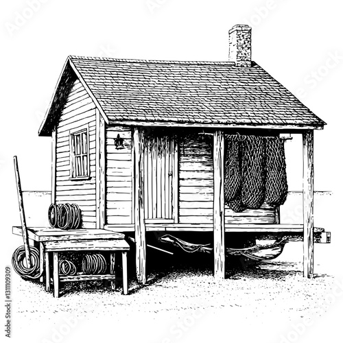 Rustic wooden shack surrounded by fishing gear evokes a sense of tranquil solitude in nature's embrace