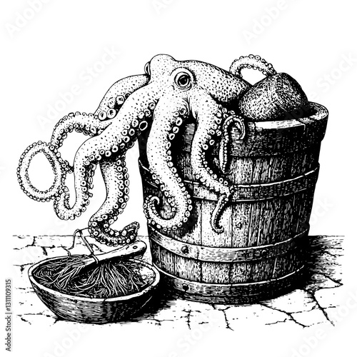 Unique engraved illustration of an octopus exploring a wooden bucket with aquatic treasures