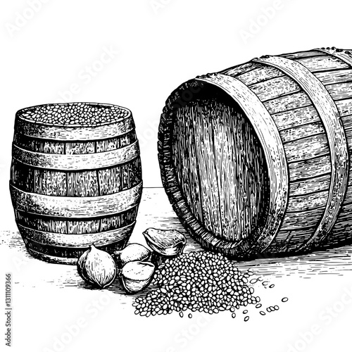 Engraved illustration of wooden barrels and spilled spices in a rustic setting for creative tattoo and packaging design