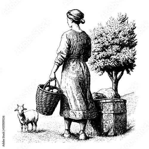 Engraved illustration of a woman in a rustic setting with a basket, sheep, and tree representing an idyllic pastoral life