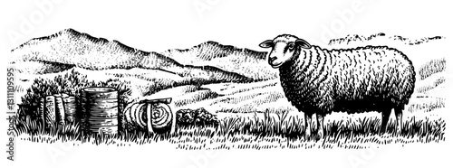 Engraved illustration of a sheep standing near rolls of hay with mountainous landscape in the background