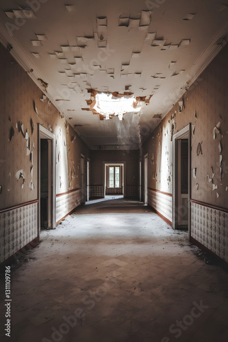 Long deserted manor in Albg showcases a decaying hallway with peeling wallpaper and a bright, damaged ceiling that lets in soft light. Dust lingers in the still air as nature takes over
