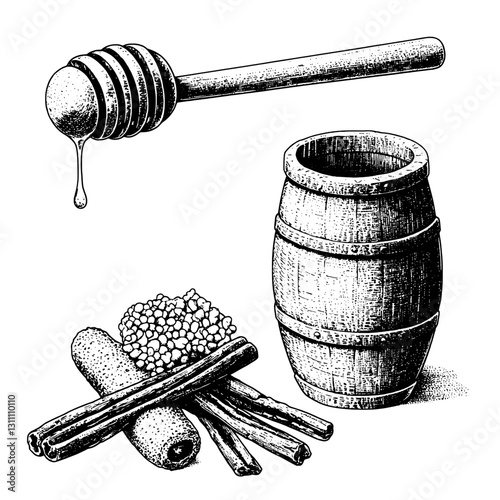 Engraved illustration featuring honey dipper, cinnamon sticks, and wooden barrel for unique packaging design