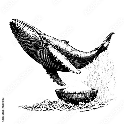 A graceful whale breaches the ocean's surface, sending droplets cascading into the air above a traditional bowl filled with salt