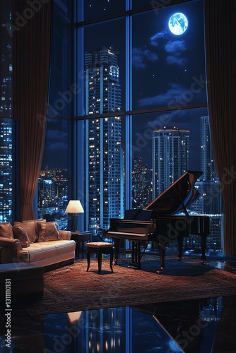 Elegant living room at night featuring a grand piano and stunning city skyline view.