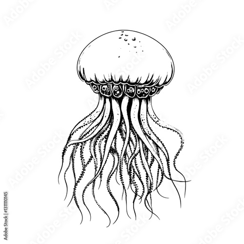 Intricate engraved illustration of a jellyfish showcasing elaborate tentacles with a unique artistic touch for tattoo and packaging design