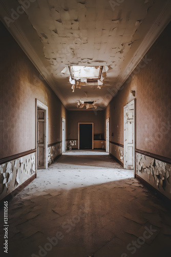 The hallway of a deserted mansion reveals a haunting ambiance, with peeling wallpaper and dust-covered floors. Rays of light stream through a broken ceiling fixture, highlighting years of neglect
