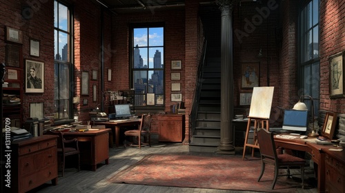Cozy Urban Workspace with Brick Walls and City View