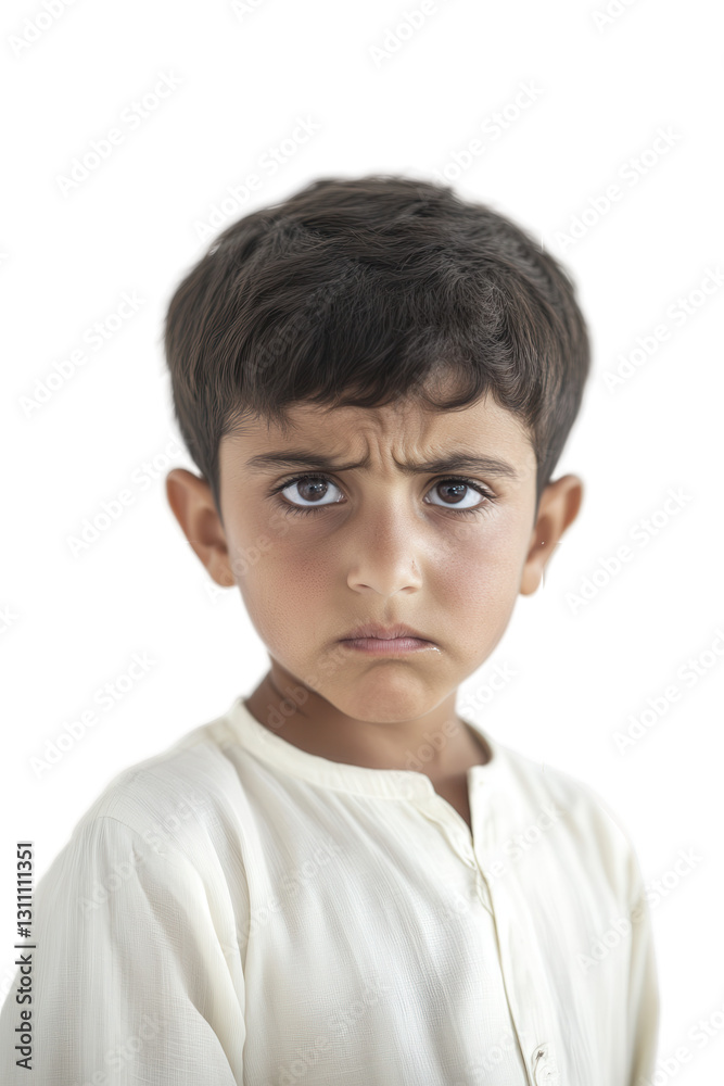 Child with angry expression looking at camera isolated on white background, upset kid, emotional portrait, youth expression, childhood feelings. Child with angry expression looking at camera isolated on white background, upset kid, emotional portrait, youth expression, childhood feelings.