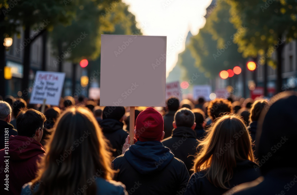 Obraz premium Crowd gathers for protest holding blank signs in urban area during sunset