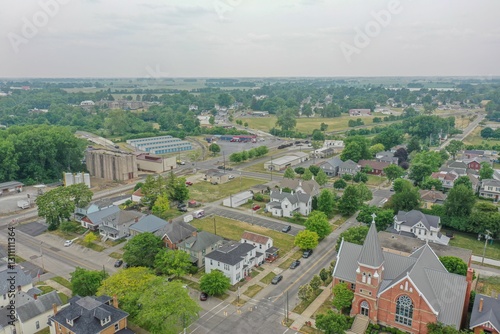 Fototapeta Naklejka Na Ścianę i Meble -  Aerial view of a small town with church steeple