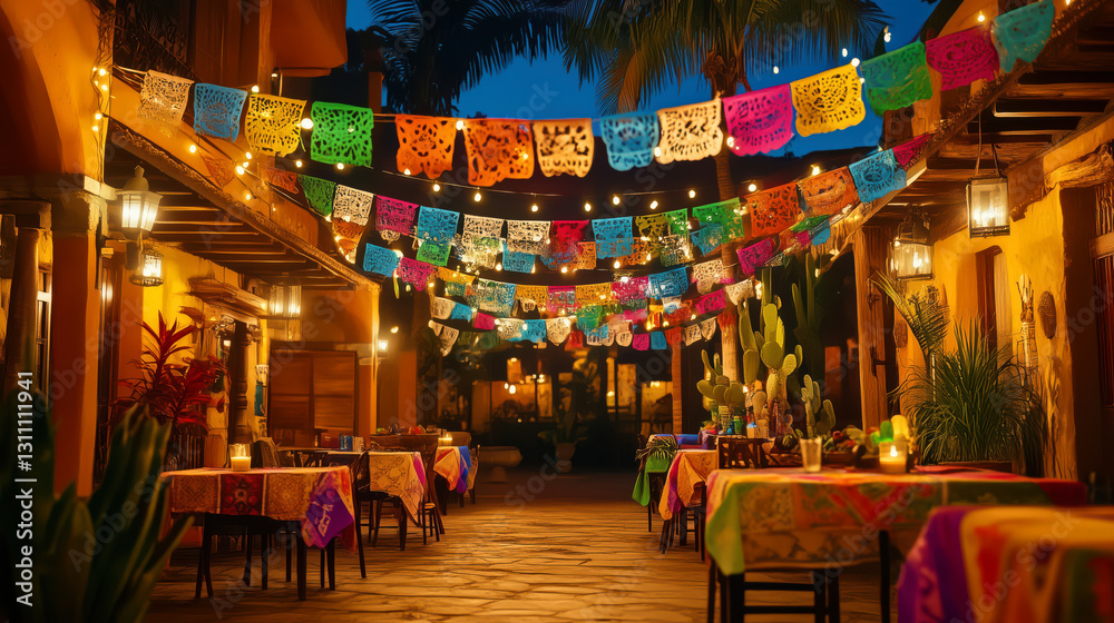 Cinco de Mayo decorations. Festive backyard with traditional mexican garland lights, cozy patio cafe interior.