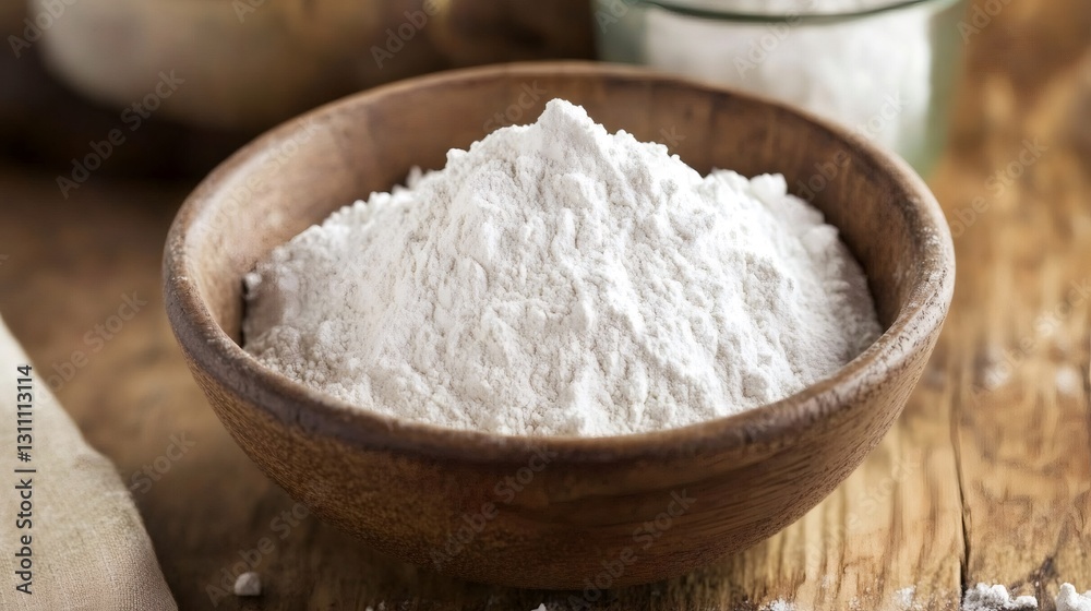 Raw organic white flour in a bowl is ready for baking Raw organic white flour in a bowl is ready for baking