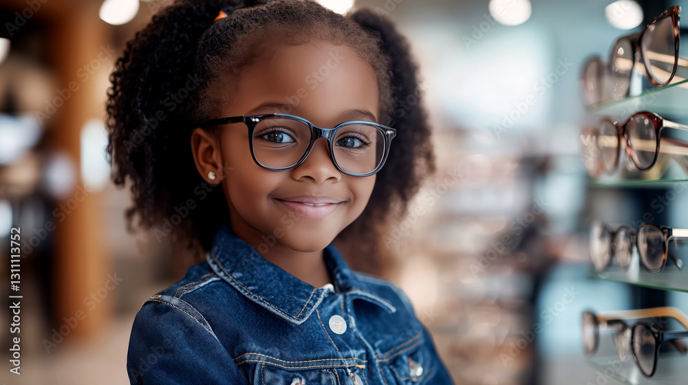 Little African american Girl in New Glasses in Optical Shop.