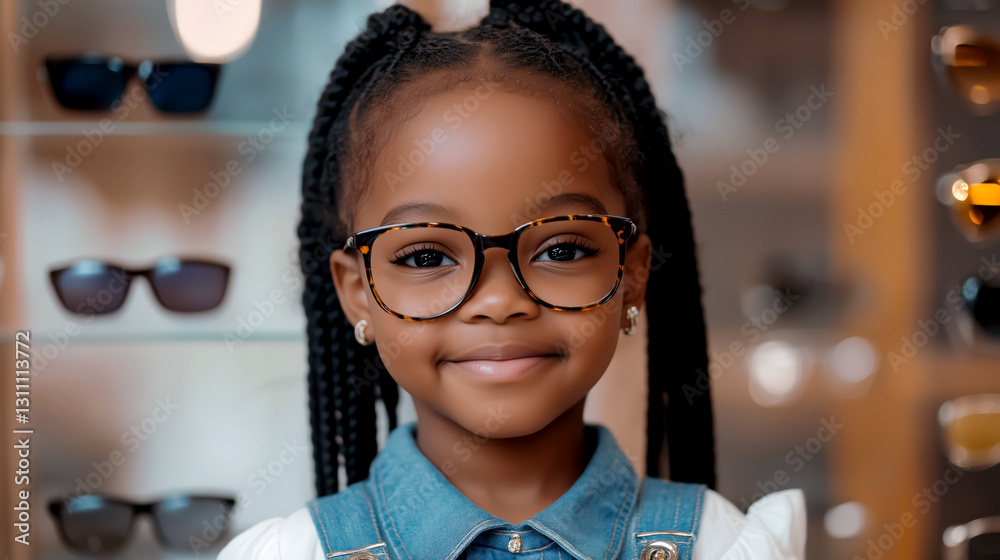Little African american Girl in New Glasses in Optical Shop.