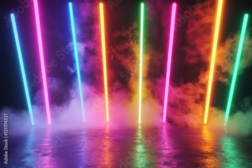 Multi-colored neon beams  fog effects on dramatic 3D stage.