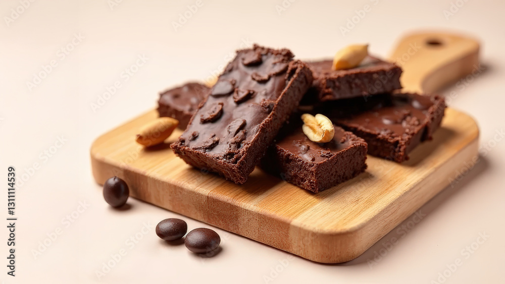 Delicious brownies mix chocolate protein displayed on a light wood cutting board with coffee beans and nuts for healthy snacking and nutrition. Healthy supplement concepts Delicious brownies mix chocolate protein displayed on a light wood cutting board with coffee beans and nuts for healthy snacking and nutrition. Healthy supplement concepts