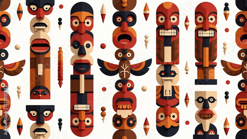 Tribal Totem Symbols - A seamless pattern of abstract totem-like shapes with cultural influences.