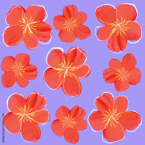 Seamless red flowers pattern on light purple background 