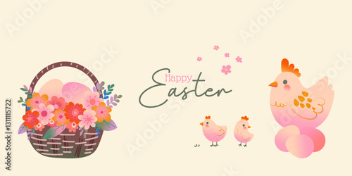 Horizontal Happy Easter Poster in a Modern and Trendy Minimalist Style. Easter eggs, bunny, flowers and chickens. Perfect for holiday cover or web banner design template.