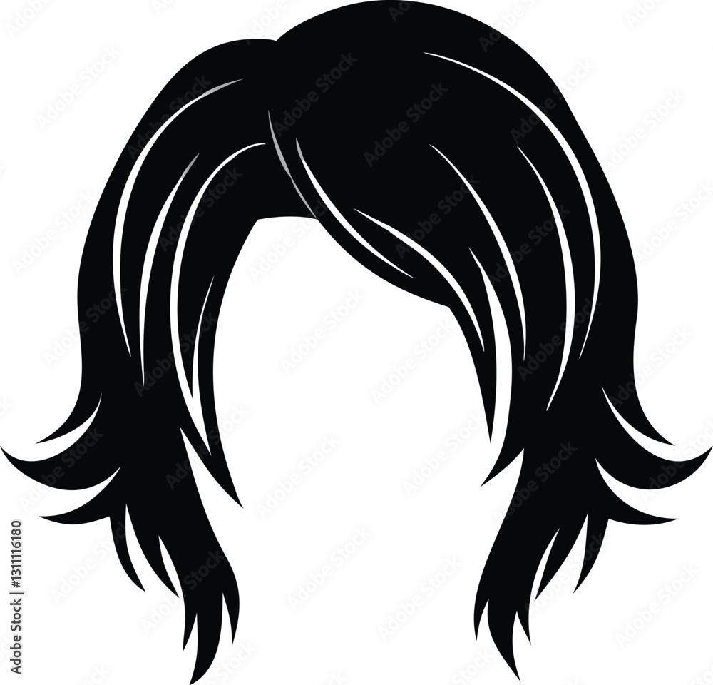 Black Hair Silhouette: Layered Bob Hairstyle, Modern Graphic Design, Vector Illustration, Women's Fashion, Wig Concept Black Hair Silhouette: Layered Bob Hairstyle, Modern Graphic Design, Vector Illustration, Women's Fashion, Wig Concept